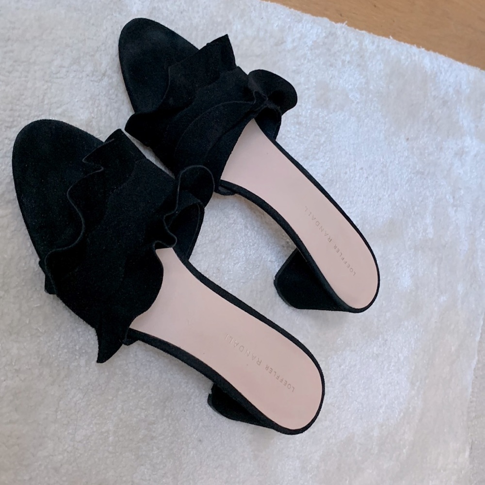 Vera Ruffled Suede Block Heel Slides
